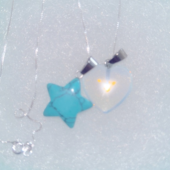 Hand Crafted Jewelry - Boho Turquoise Star ⭐️ and Opal Heart ❤️ Sterling Silver 16” Necklace